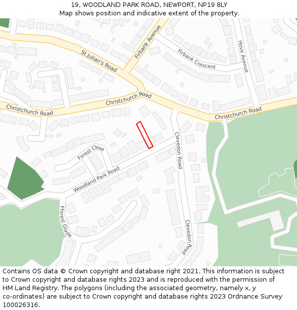 19, WOODLAND PARK ROAD, NEWPORT, NP19 8LY: Location map and indicative extent of plot