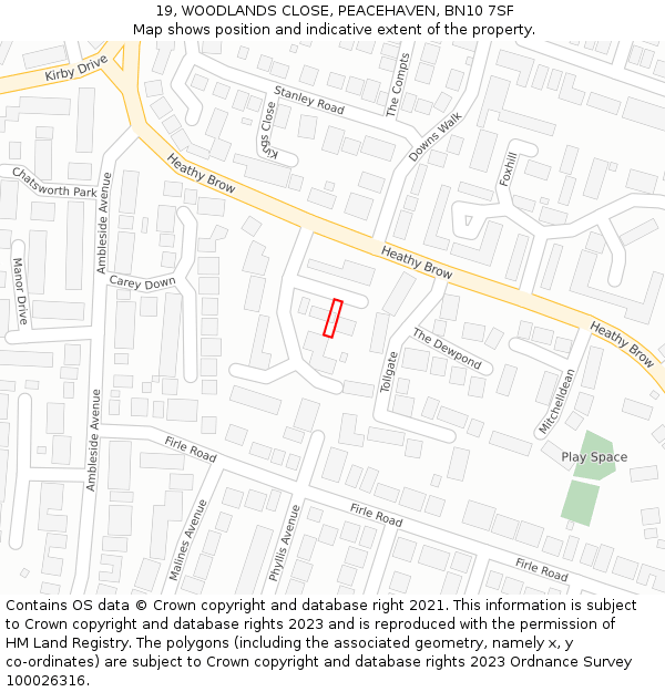 19, WOODLANDS CLOSE, PEACEHAVEN, BN10 7SF: Location map and indicative extent of plot