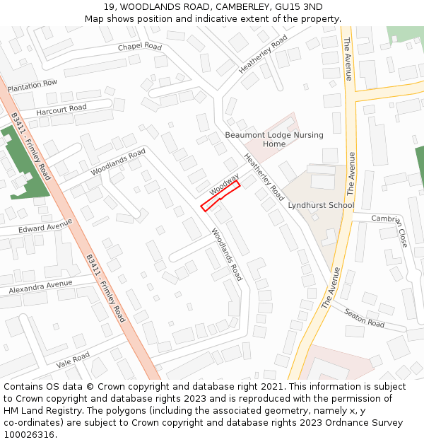 19, WOODLANDS ROAD, CAMBERLEY, GU15 3ND: Location map and indicative extent of plot