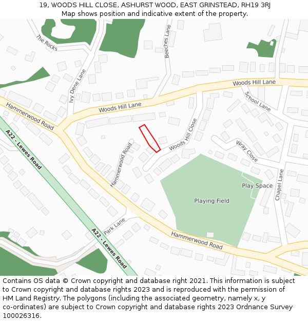 19, WOODS HILL CLOSE, ASHURST WOOD, EAST GRINSTEAD, RH19 3RJ: Location map and indicative extent of plot