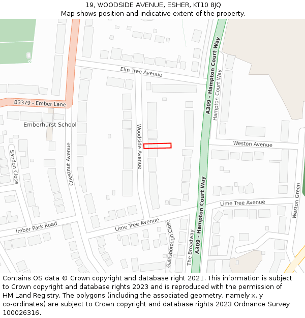 19, WOODSIDE AVENUE, ESHER, KT10 8JQ: Location map and indicative extent of plot