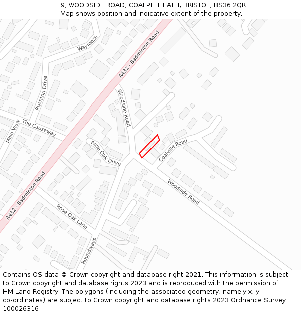 19, WOODSIDE ROAD, COALPIT HEATH, BRISTOL, BS36 2QR: Location map and indicative extent of plot