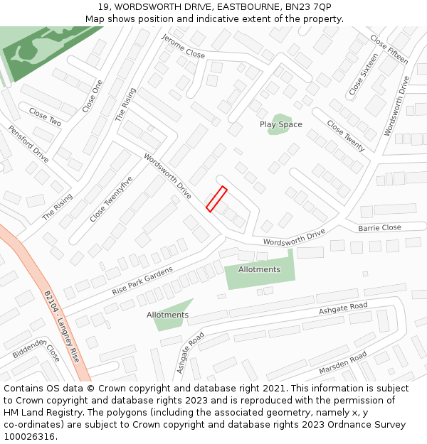 19, WORDSWORTH DRIVE, EASTBOURNE, BN23 7QP: Location map and indicative extent of plot