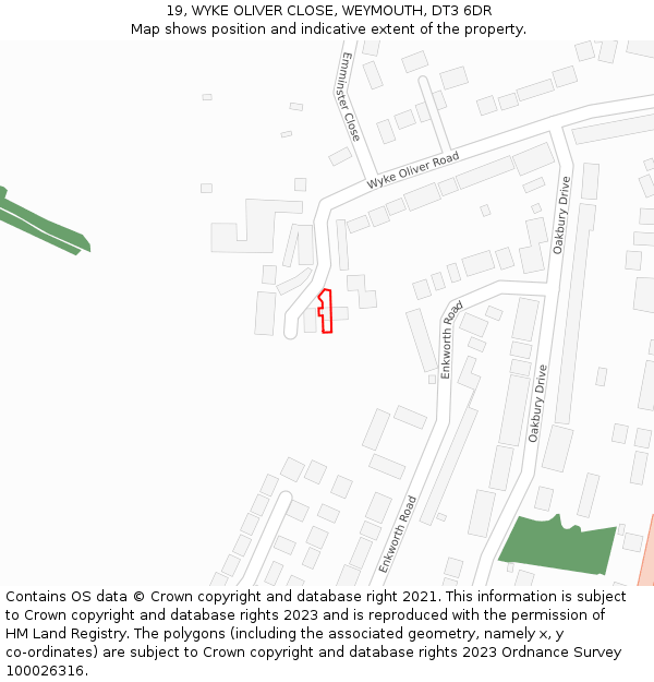 19, WYKE OLIVER CLOSE, WEYMOUTH, DT3 6DR: Location map and indicative extent of plot