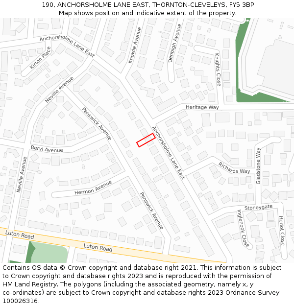 190, ANCHORSHOLME LANE EAST, THORNTON-CLEVELEYS, FY5 3BP: Location map and indicative extent of plot