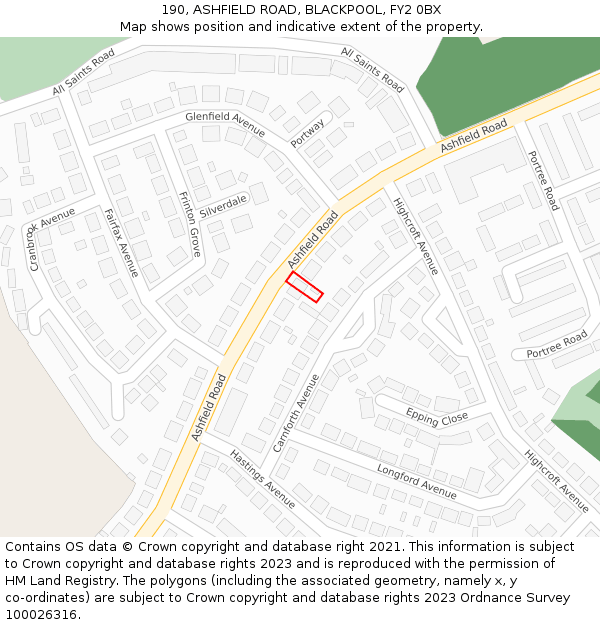 190, ASHFIELD ROAD, BLACKPOOL, FY2 0BX: Location map and indicative extent of plot