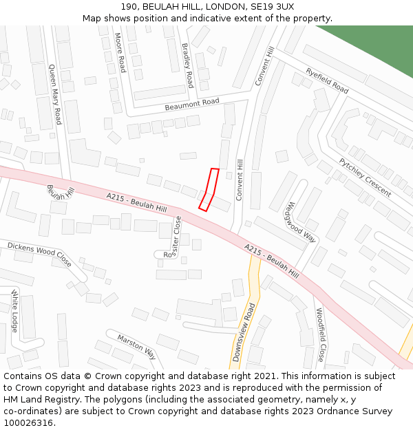 190, BEULAH HILL, LONDON, SE19 3UX: Location map and indicative extent of plot