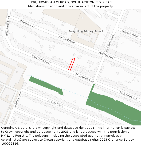 190, BROADLANDS ROAD, SOUTHAMPTON, SO17 3AS: Location map and indicative extent of plot