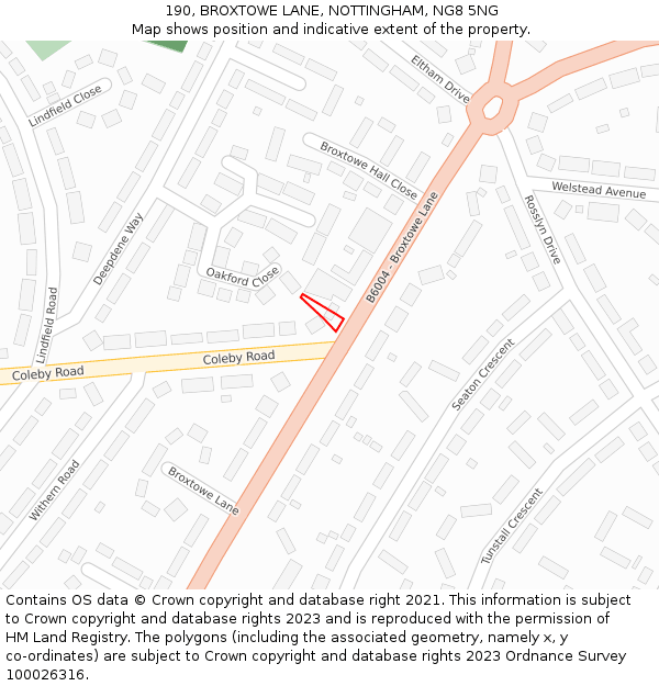 190, BROXTOWE LANE, NOTTINGHAM, NG8 5NG: Location map and indicative extent of plot