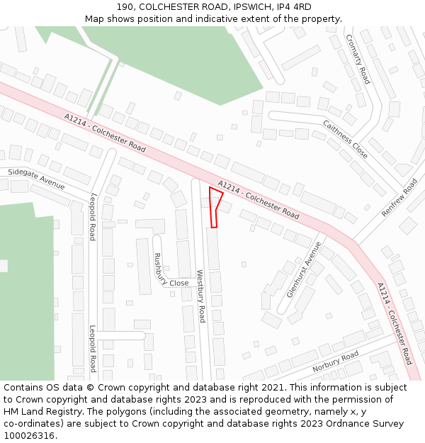 190, COLCHESTER ROAD, IPSWICH, IP4 4RD: Location map and indicative extent of plot