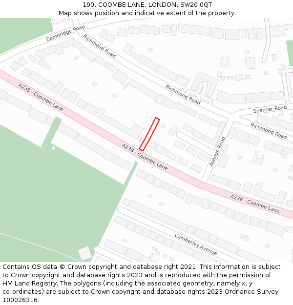 190, COOMBE LANE, LONDON, SW20 0QT: Location map and indicative extent of plot
