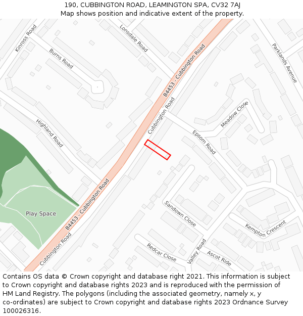 190, CUBBINGTON ROAD, LEAMINGTON SPA, CV32 7AJ: Location map and indicative extent of plot