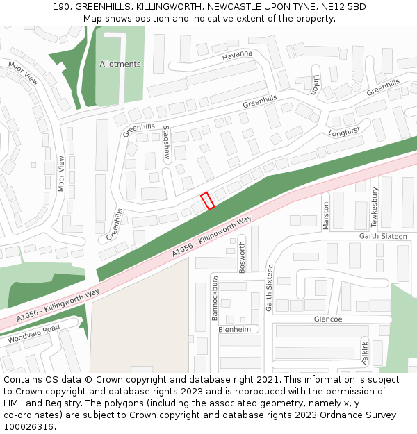 190, GREENHILLS, KILLINGWORTH, NEWCASTLE UPON TYNE, NE12 5BD: Location map and indicative extent of plot