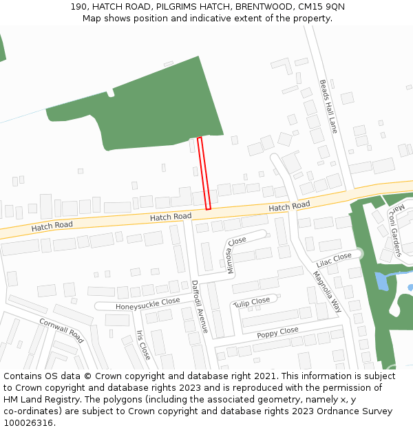 190, HATCH ROAD, PILGRIMS HATCH, BRENTWOOD, CM15 9QN: Location map and indicative extent of plot