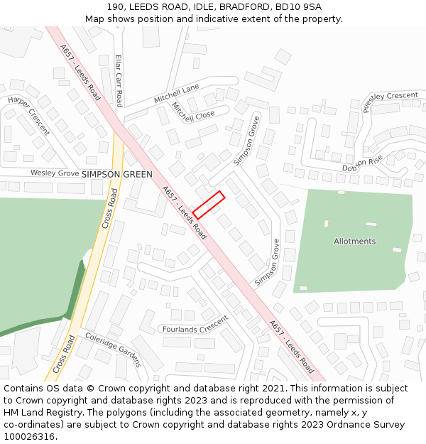 190, LEEDS ROAD, IDLE, BRADFORD, BD10 9SA: Location map and indicative extent of plot