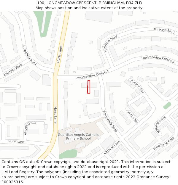 190, LONGMEADOW CRESCENT, BIRMINGHAM, B34 7LB: Location map and indicative extent of plot