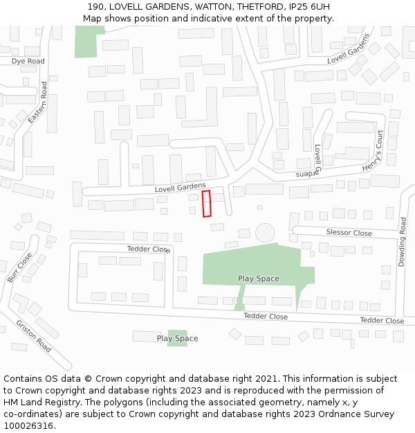 190, LOVELL GARDENS, WATTON, THETFORD, IP25 6UH: Location map and indicative extent of plot