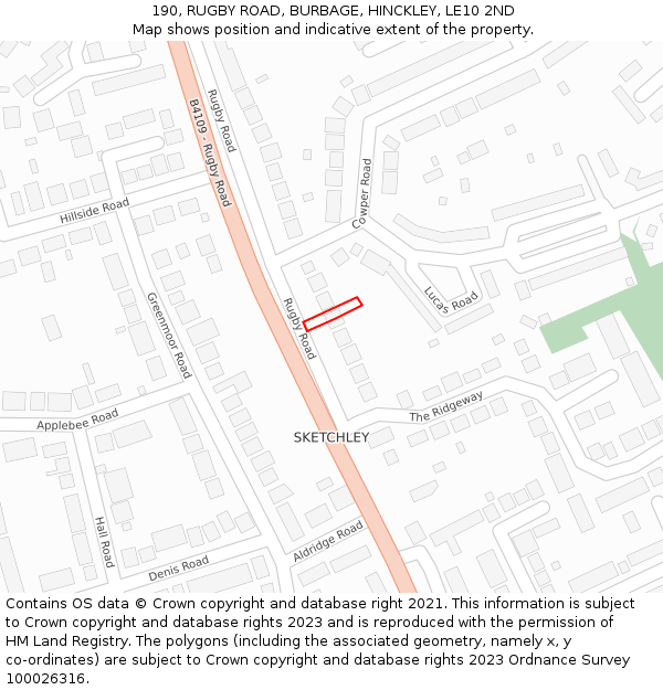 190, RUGBY ROAD, BURBAGE, HINCKLEY, LE10 2ND: Location map and indicative extent of plot