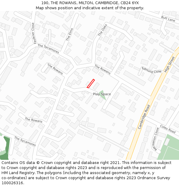 190, THE ROWANS, MILTON, CAMBRIDGE, CB24 6YX: Location map and indicative extent of plot