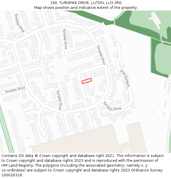 190, TURNPIKE DRIVE, LUTON, LU3 3RG: Location map and indicative extent of plot