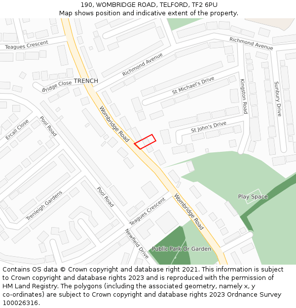 190, WOMBRIDGE ROAD, TELFORD, TF2 6PU: Location map and indicative extent of plot