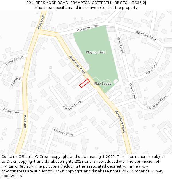 191, BEESMOOR ROAD, FRAMPTON COTTERELL, BRISTOL, BS36 2JJ: Location map and indicative extent of plot