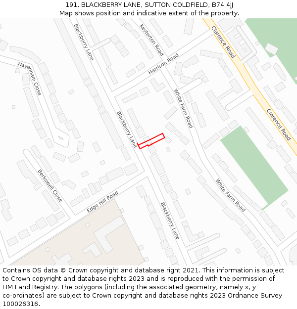 191, BLACKBERRY LANE, SUTTON COLDFIELD, B74 4JJ: Location map and indicative extent of plot