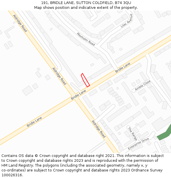 191, BRIDLE LANE, SUTTON COLDFIELD, B74 3QU: Location map and indicative extent of plot