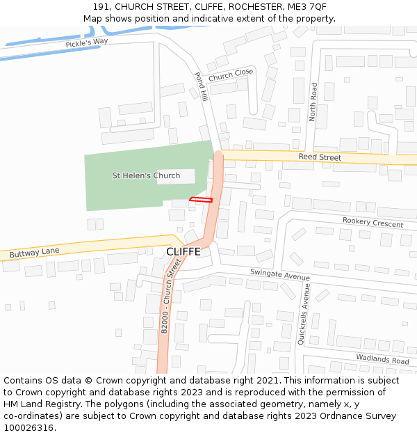 191, CHURCH STREET, CLIFFE, ROCHESTER, ME3 7QF: Location map and indicative extent of plot