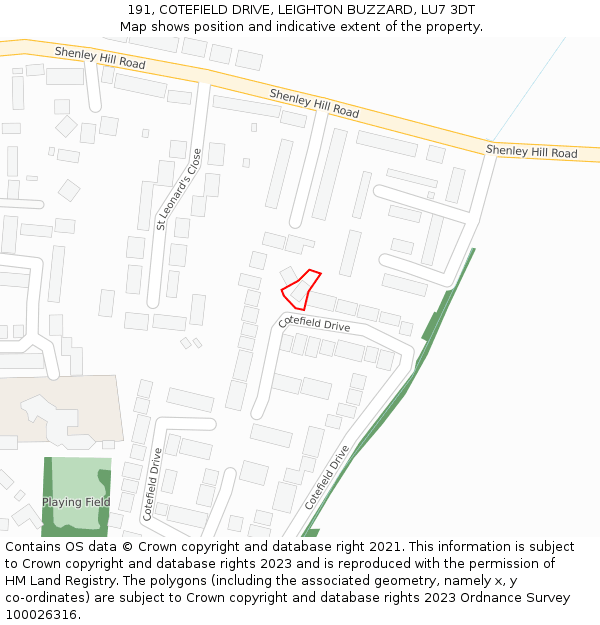 191, COTEFIELD DRIVE, LEIGHTON BUZZARD, LU7 3DT: Location map and indicative extent of plot