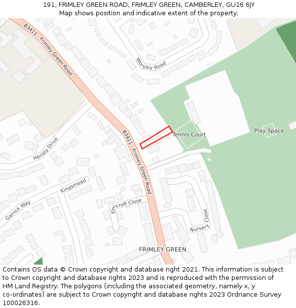 191, FRIMLEY GREEN ROAD, FRIMLEY GREEN, CAMBERLEY, GU16 6JY: Location map and indicative extent of plot