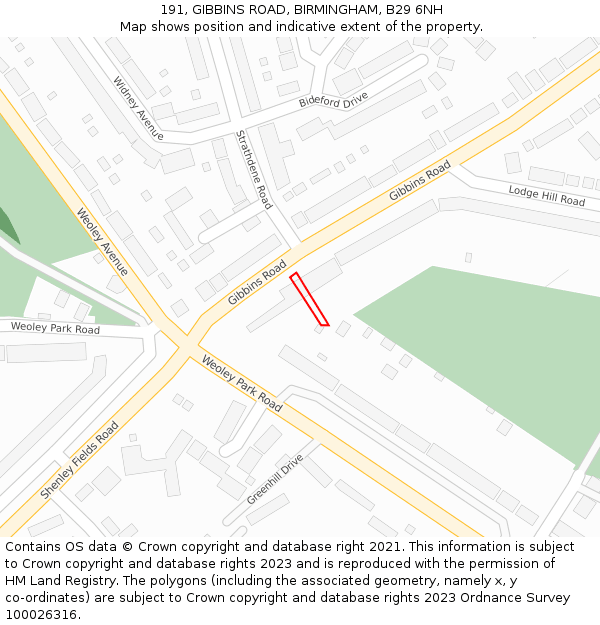 191, GIBBINS ROAD, BIRMINGHAM, B29 6NH: Location map and indicative extent of plot