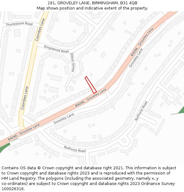 191, GROVELEY LANE, BIRMINGHAM, B31 4QB: Location map and indicative extent of plot