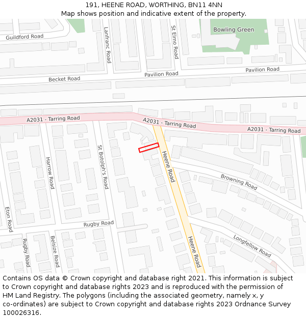 191, HEENE ROAD, WORTHING, BN11 4NN: Location map and indicative extent of plot