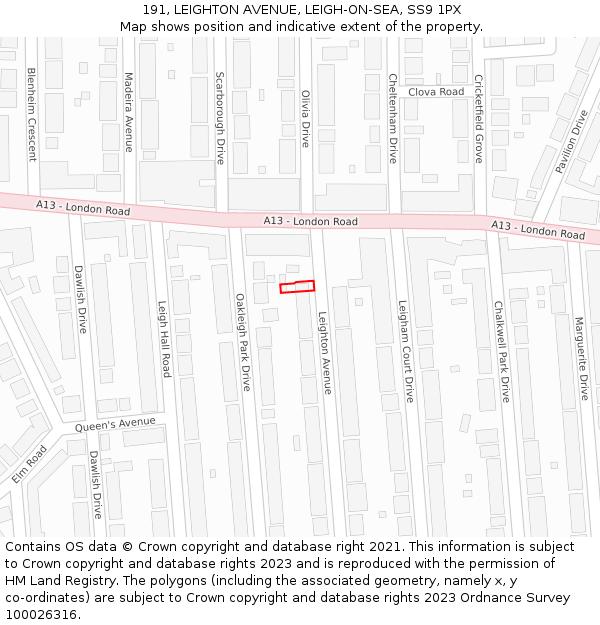 191, LEIGHTON AVENUE, LEIGH-ON-SEA, SS9 1PX: Location map and indicative extent of plot