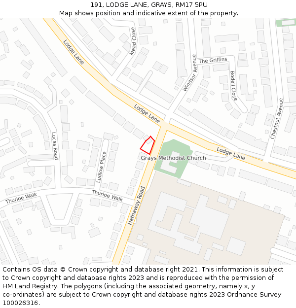 191, LODGE LANE, GRAYS, RM17 5PU: Location map and indicative extent of plot