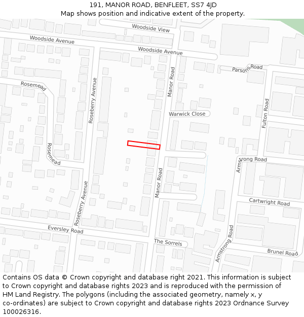191, MANOR ROAD, BENFLEET, SS7 4JD: Location map and indicative extent of plot