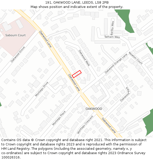 191, OAKWOOD LANE, LEEDS, LS8 2PB: Location map and indicative extent of plot