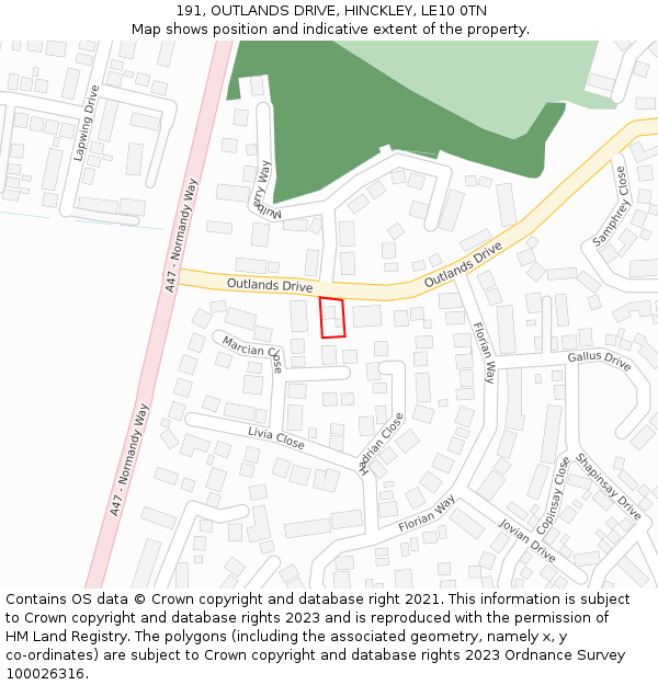 191, OUTLANDS DRIVE, HINCKLEY, LE10 0TN: Location map and indicative extent of plot