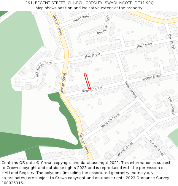 191, REGENT STREET, CHURCH GRESLEY, SWADLINCOTE, DE11 9PQ: Location map and indicative extent of plot