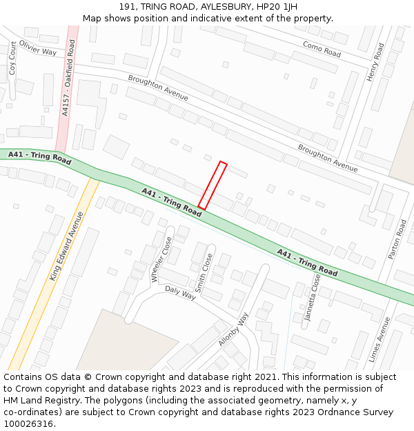 191, TRING ROAD, AYLESBURY, HP20 1JH: Location map and indicative extent of plot