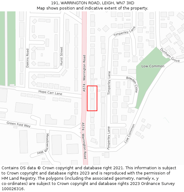 191, WARRINGTON ROAD, LEIGH, WN7 3XD: Location map and indicative extent of plot