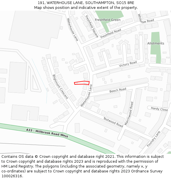 191, WATERHOUSE LANE, SOUTHAMPTON, SO15 8RE: Location map and indicative extent of plot