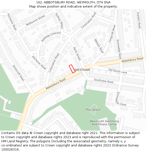 192, ABBOTSBURY ROAD, WEYMOUTH, DT4 0NA: Location map and indicative extent of plot