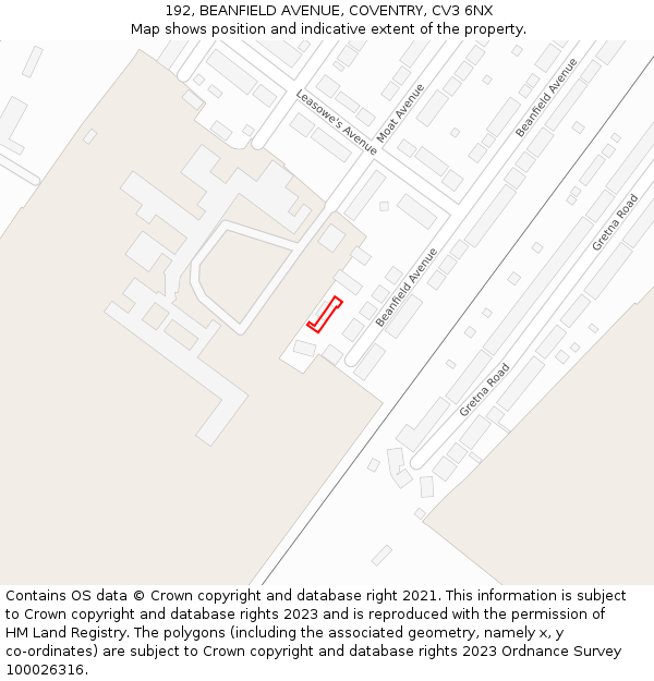 192, BEANFIELD AVENUE, COVENTRY, CV3 6NX: Location map and indicative extent of plot