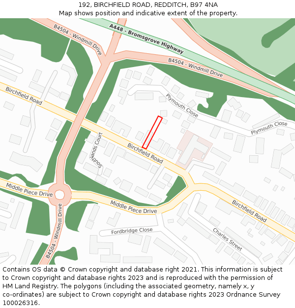 192, BIRCHFIELD ROAD, REDDITCH, B97 4NA: Location map and indicative extent of plot