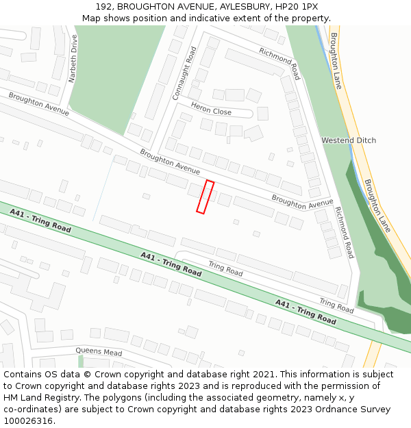 192, BROUGHTON AVENUE, AYLESBURY, HP20 1PX: Location map and indicative extent of plot