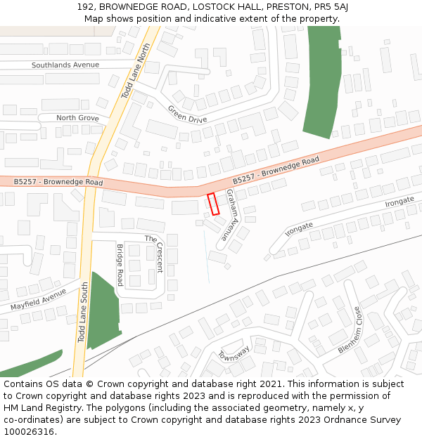 192, BROWNEDGE ROAD, LOSTOCK HALL, PRESTON, PR5 5AJ: Location map and indicative extent of plot