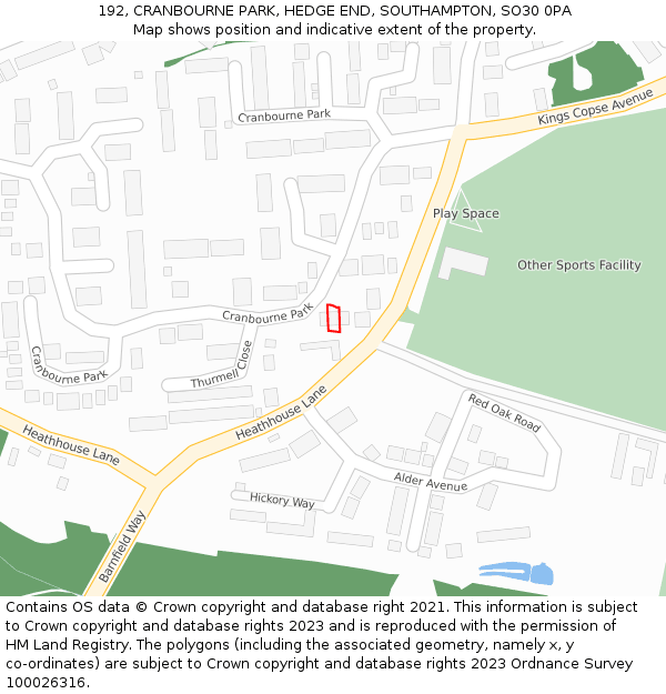 192, CRANBOURNE PARK, HEDGE END, SOUTHAMPTON, SO30 0PA: Location map and indicative extent of plot