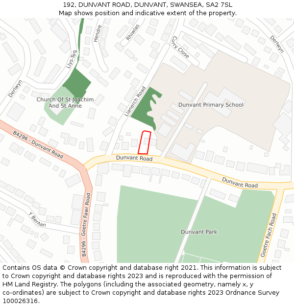 192, DUNVANT ROAD, DUNVANT, SWANSEA, SA2 7SL: Location map and indicative extent of plot